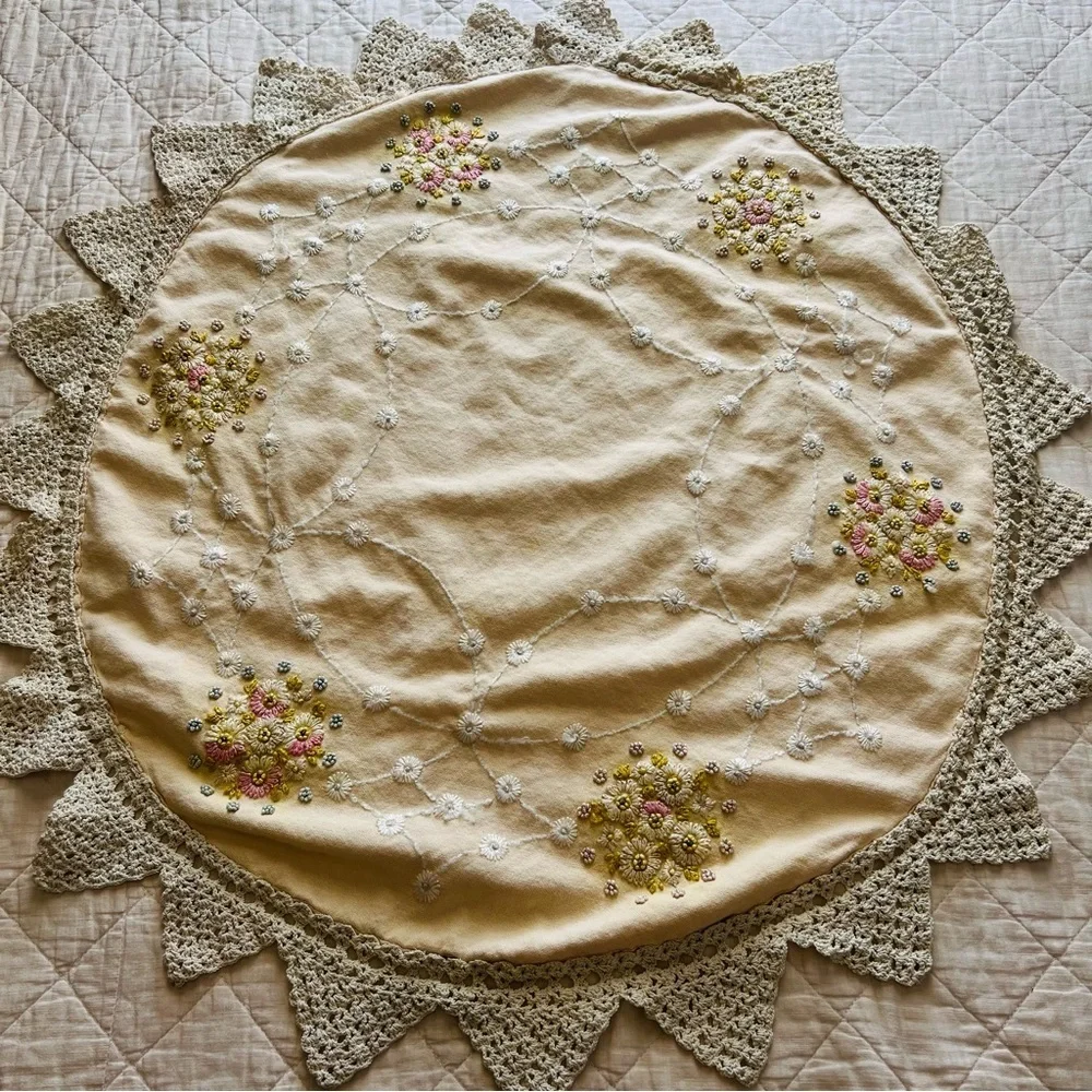 Vintage Round Embroidered Table Topper with Crochet Trim – 37”x34”